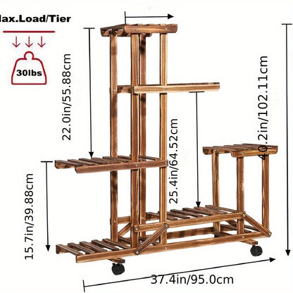 Scaffale per fiori a 6 ripiani di grandi dimensioni con ruote, espositore per vasi da giardino in legno di pino per patio, verande, balconi, interni, esterni, scaffale da terra, scaffale da terra