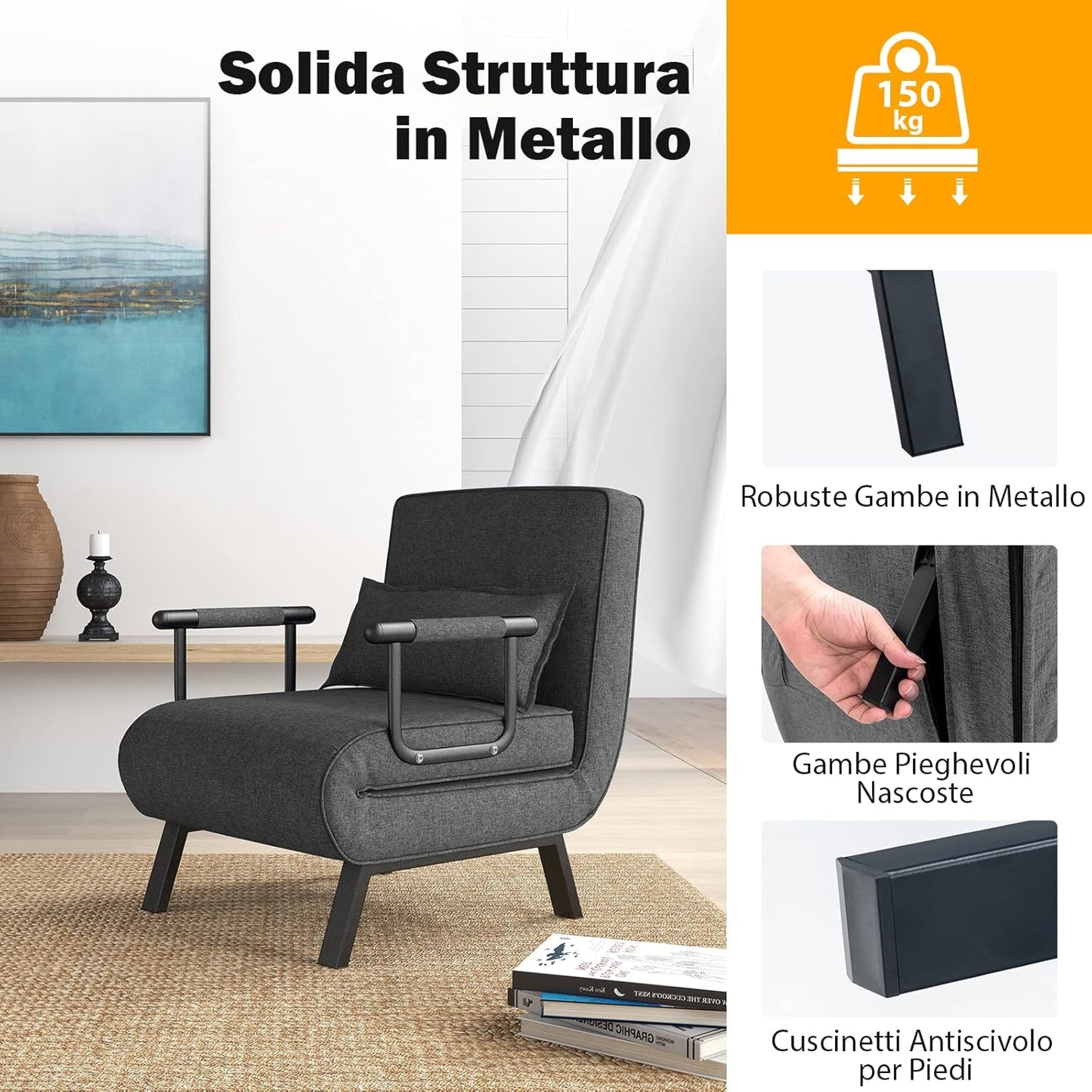 4 in 1 Poltrona Letto Singolo, Poltroncina Pieghevole con Schienale Regolabile in 6 Posizioni, Sedile Imbottito Robusto, Divano Letto per Casa Ufficio, 79x65x79 cm