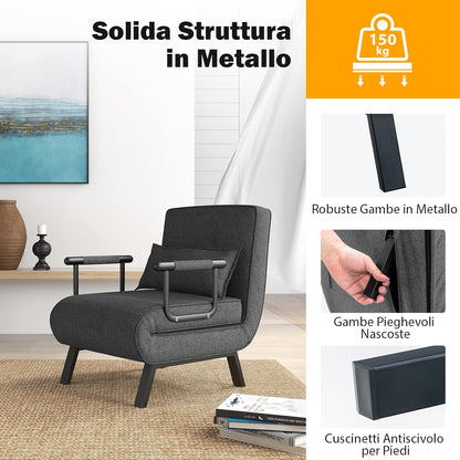 4 in 1 Poltrona Letto Singolo, Poltroncina Pieghevole con Schienale Regolabile in 6 Posizioni, Sedile Imbottito Robusto, Divano Letto per Casa Ufficio, 79x65x79 cm