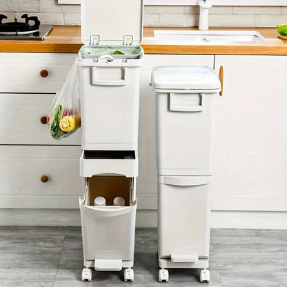 Pattumiera stretta da cucina da 32L con coperchio, raccolta differenziata con divisorio o doppi contenitori interni, a pedale per separazione di rifiuti asciutti e umidi, contenitore per rifiuti in plastica salvaspazio per cucina e bagno