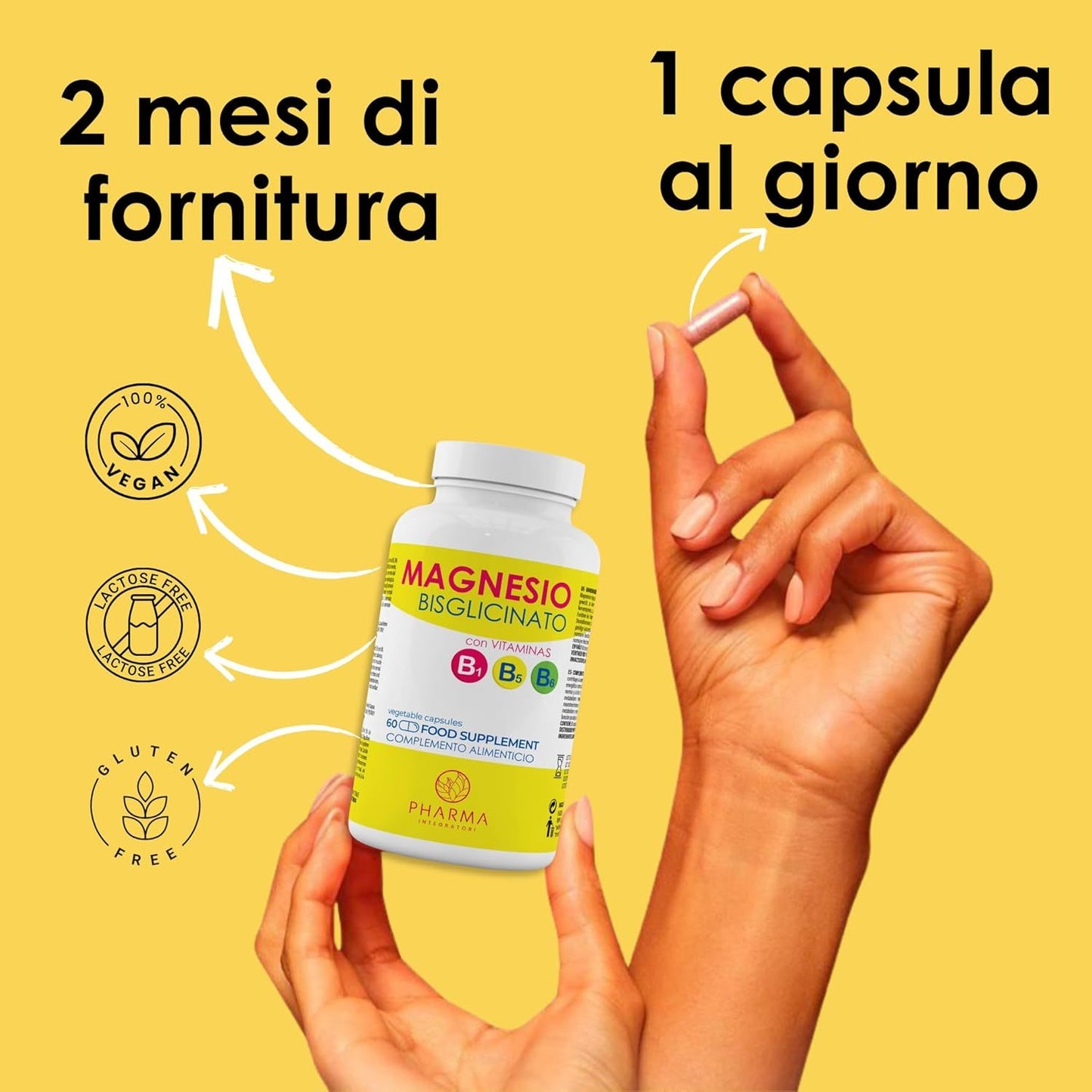 Magnesio Bisglicinato Puro con Vitamina B6, B1 e B5 – Integratore Magnesio ad Alta Qualità in Capsule – Made in Italy