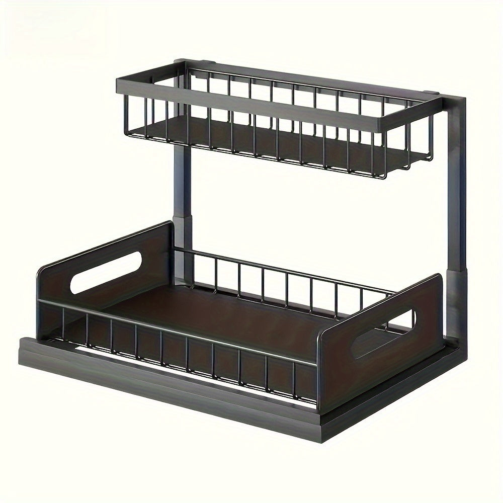 1 pz di scaffale regolabile sottolavello, un ripiano estraibile in metallo progettato per risparmiare spazio con un organizer a doppio strato per armadietti da cucina, perfetto per organizzare e smontare la zona del lavello. Questo moderno ripiano da cuci