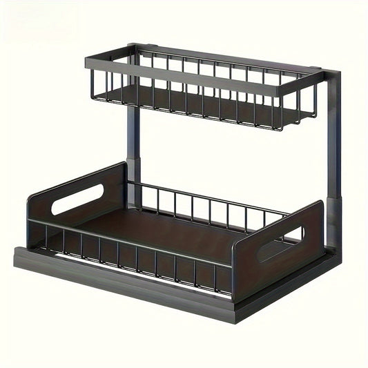 1 pz di scaffale regolabile sottolavello, un ripiano estraibile in metallo progettato per risparmiare spazio con un organizer a doppio strato per armadietti da cucina, perfetto per organizzare e smontare la zona del lavello. Questo moderno ripiano da cuci