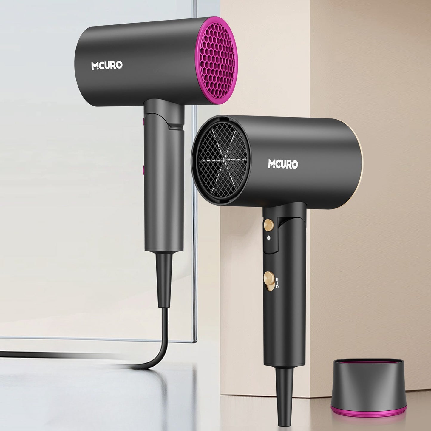 Asciugacapelli da Viaggio Pieghevole con Tecnologia a Ioni Negativi e Controllo della Temperatura - 3 Velocità/Impostazioni di Calore, Pulsante Aria Fredda, Ugello Concentratore, Motore Brushless, Styler per Capelli a Asciugatura Rapida, Tensione (Compati