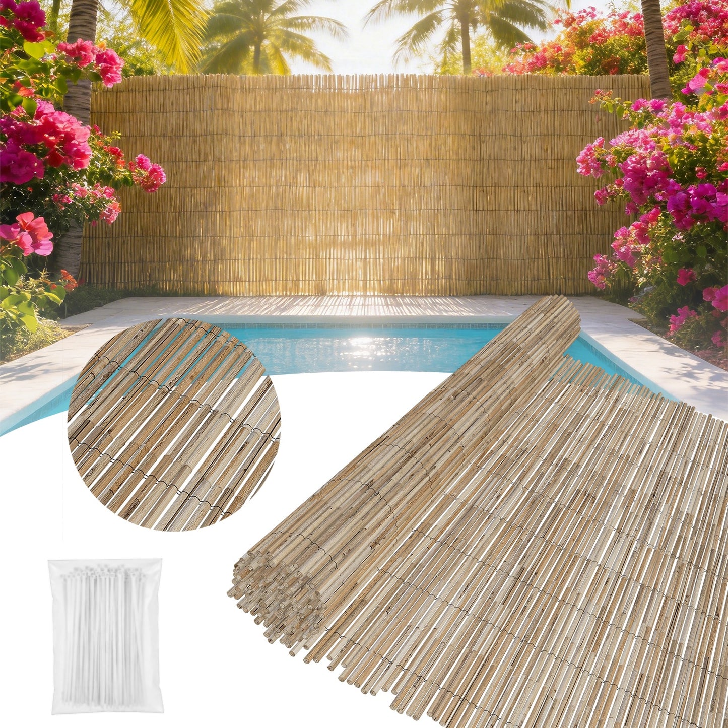 Schermo Privacy in Canne, Tappeto Naturale in Canne per Recinzione da Giardino, Protezione dal Vento per Balcone, Schermo Privacy da Esterno, Intrecciato con Filo Zincato, Installazione Facile, 80/90/120/160/180/200 X 300cm