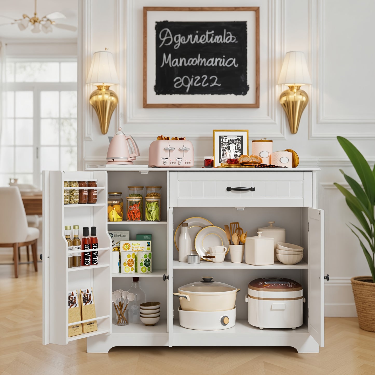 Mobiletto, Armadio da Cucina con Tre Ante e Un Cassetto, Offre Ampio Spazio di Stoccaggio, Adatto per Cucine, Sale da Pranzo, Soggiorni e Corridoi, 105X40X84.5Cm