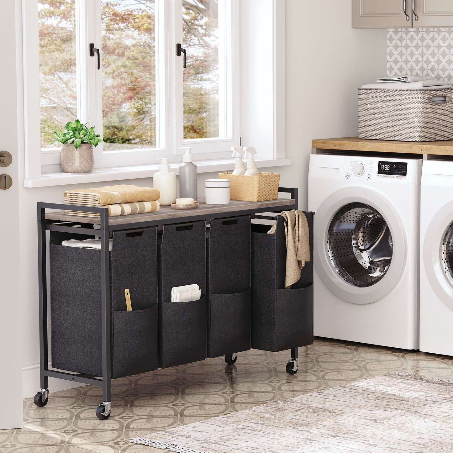 Bianco e Nero, Marrone e Nero, Separatore per la Biancheria 4 Sezioni, Cestello per la Biancheria, Cestello per la Biancheria con Ruote, 4 × 10.5 Gal (39.8L), Carrello Rotolante, Cestelli per la Biancheria in Tessuto Oxford Rimovibili e Pieghevoli, Cestel