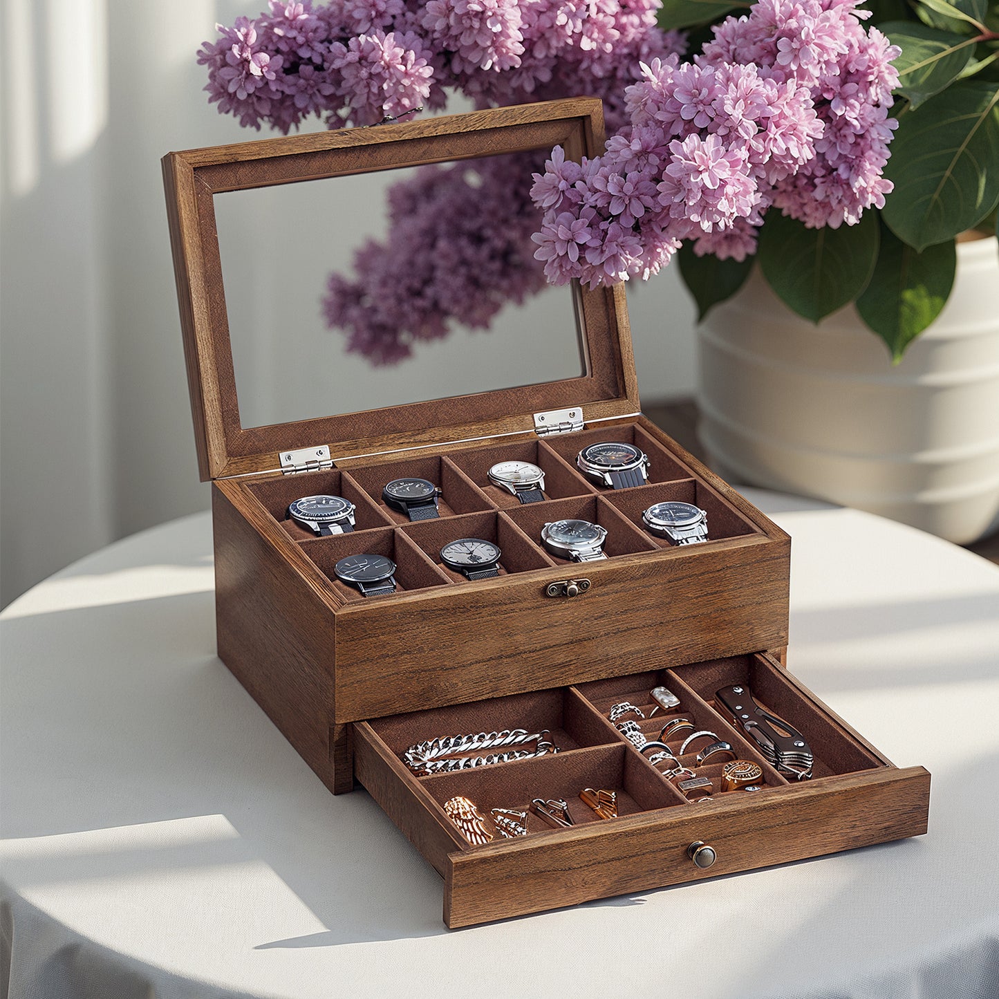 Scatola Porta Orologi in Legno, Custodia per Orologi Meccanici e Gioielli a 8 Scomparti con Coperchio in Vetro, Fodera in Velluto, Inserti Imbottiti, Organizzatore per la Casa, Scelta Regalo Ideale, Scatola Regalo di Natale