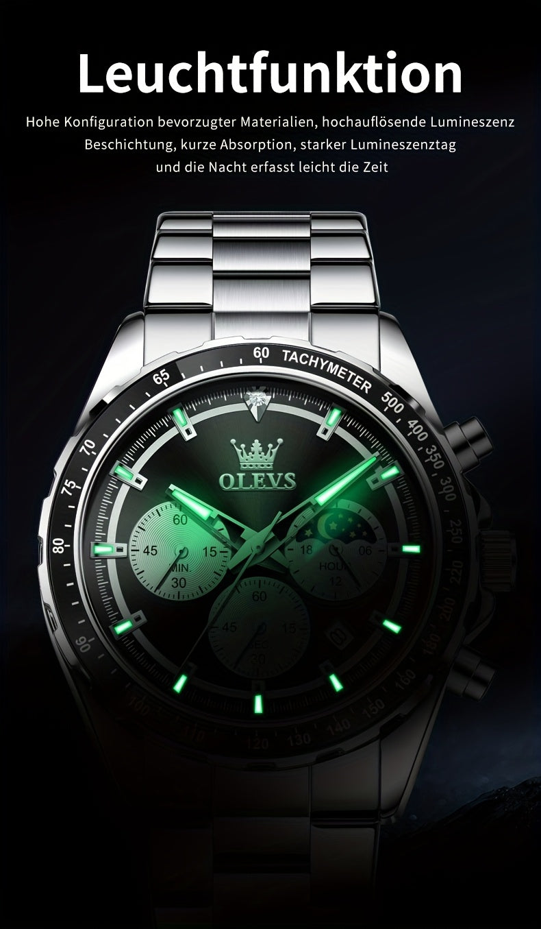 OLEVS Orologi da Uomo con Quadrante Fase Lunare Acciaio Inossidabile/Cinturino in Pelle Cronografo Lusso Business Abito Analogico Quarzo Orologi da Uomo Classici Casual Eleganti Orologi da Polso Quadrante Luminoso Nero/Bianco/Blu/Verde
