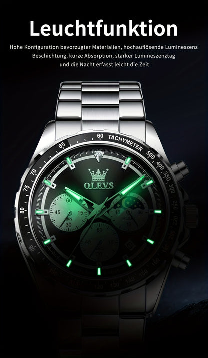 OLEVS Orologi da Uomo con Quadrante Fase Lunare Acciaio Inossidabile/Cinturino in Pelle Cronografo Lusso Business Abito Analogico Quarzo Orologi da Uomo Classici Casual Eleganti Orologi da Polso Quadrante Luminoso Nero/Bianco/Blu/Verde