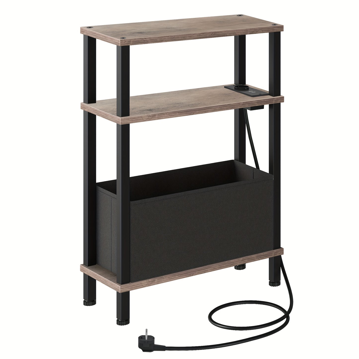 Tavolino Laterale Stretto a 3 Ripiani, Tavolino da Divano con Stazione di Ricarica, Comodino con Cassetto Rimovibile in Tessuto Non Tessuto, Tavolino da Divano in Stile Rustico, Adatto per Camera da Letto, Soggiorno, Ufficio, Molteplici Ambienti, Marrone