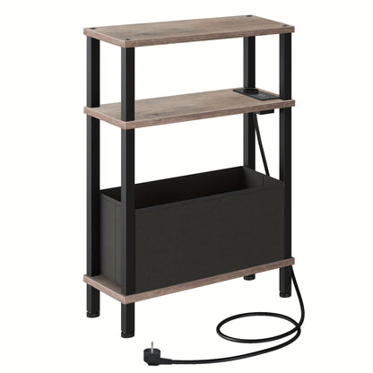 Tavolino Laterale Stretto a 3 Ripiani, Tavolino da Divano con Stazione di Ricarica, Comodino con Cassetto Rimovibile in Tessuto Non Tessuto, Tavolino da Divano in Stile Rustico, Adatto per Camera da Letto, Soggiorno, Ufficio, Molteplici Ambienti, Marrone