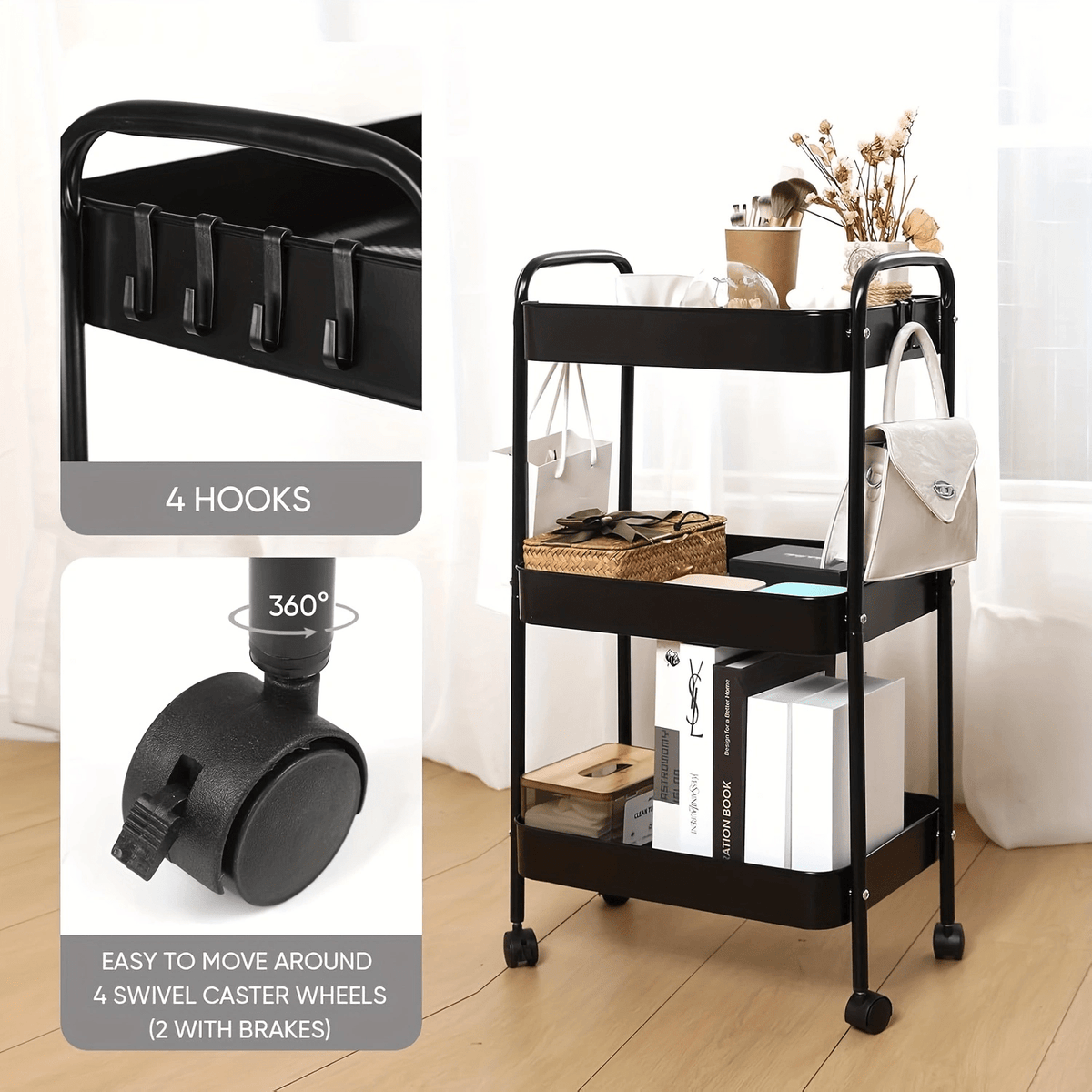 Carrello portaoggetti con ruote, Nero per ripostiglio e cucina – vista dettagliata 5