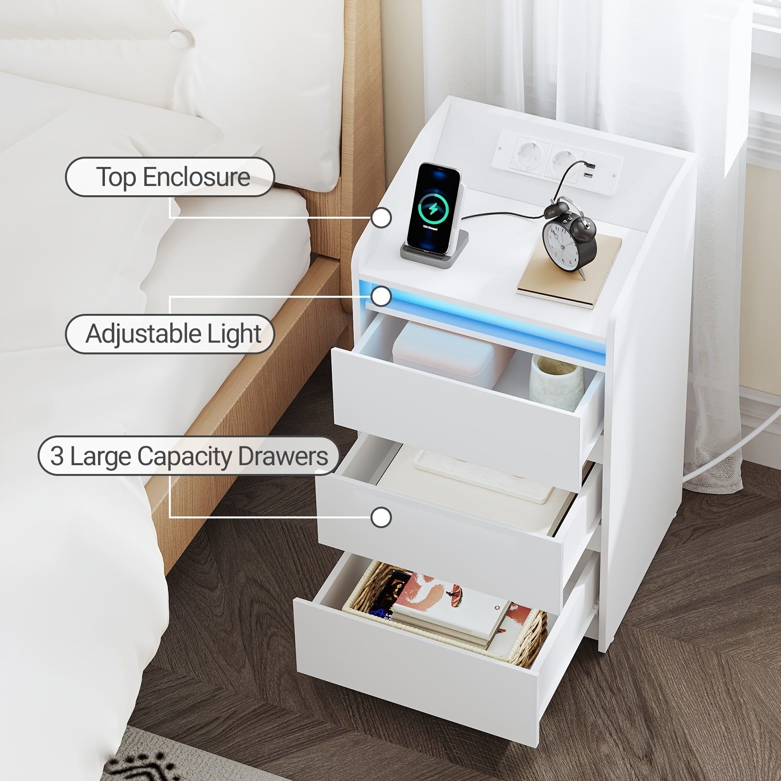 Cassettiere, illuminazione LED per camera da letto e letto – vista dettagliata 9
