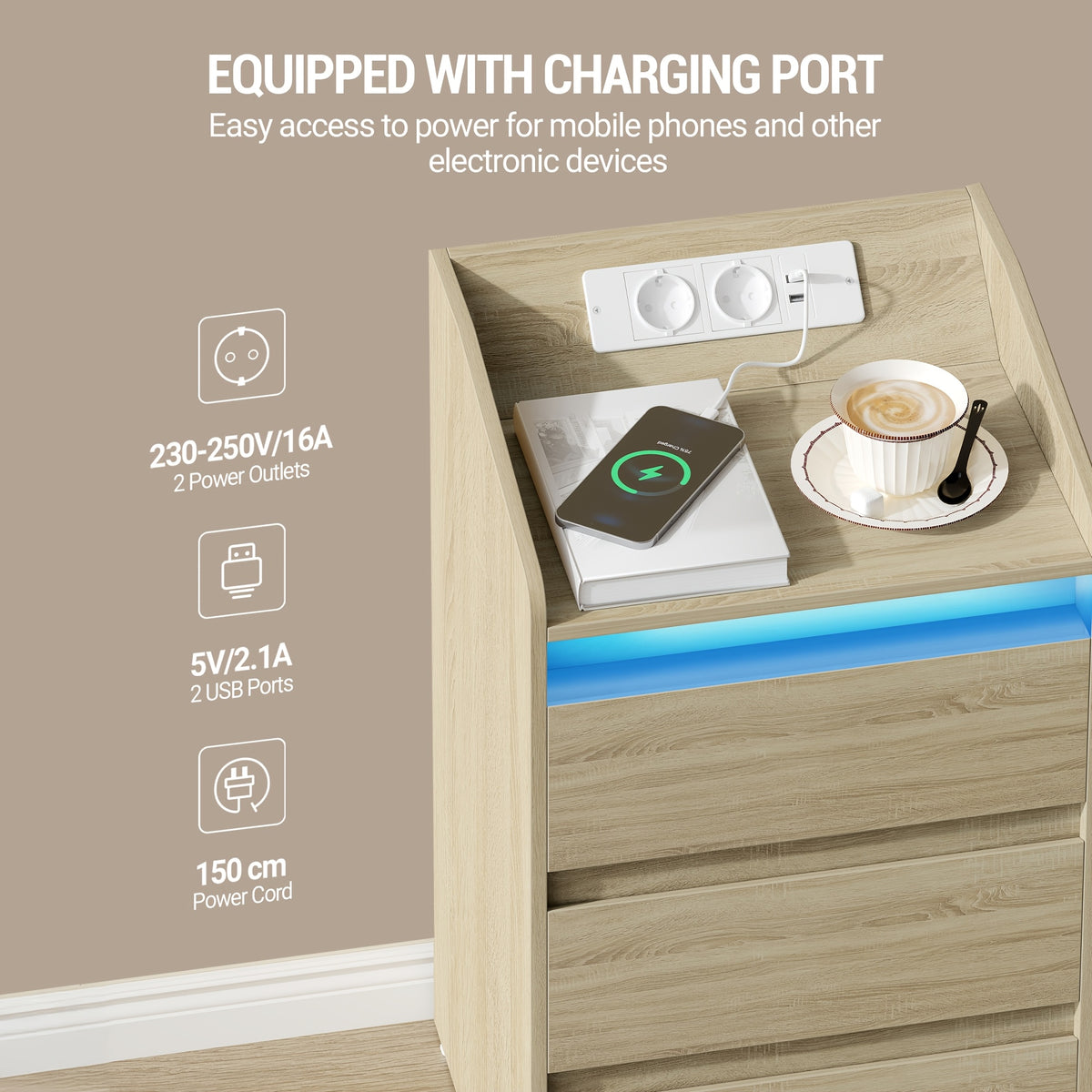 Cassettiere, illuminazione LED per camera da letto e letto – vista dettagliata 10