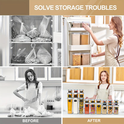 Set di 24 contenitori ermetici per alimenti con coperchi per l'organizzazione e lo stoccaggio in cucina, set di barattoli in plastica per cereali, pasta, farina e zucchero, etichette e pennarello