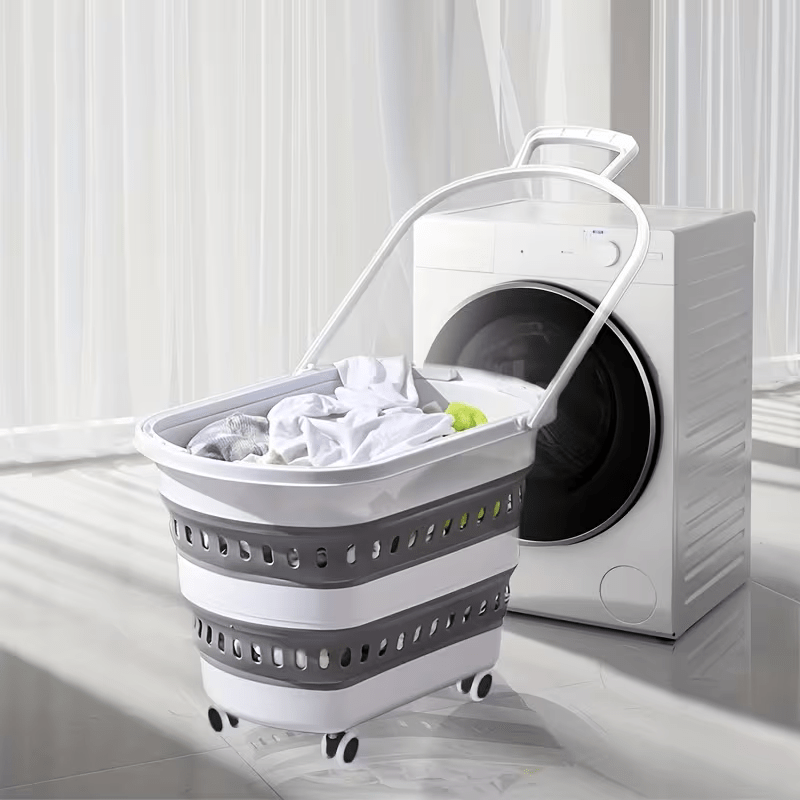 Cesto per il bucato retrattile e pieghevole con ruote - 45 litri - Bianco Grigio