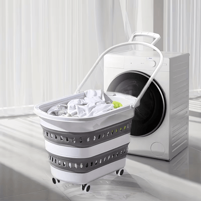 Cesto per il bucato retrattile e pieghevole con ruote - 45 litri - Bianco Grigio