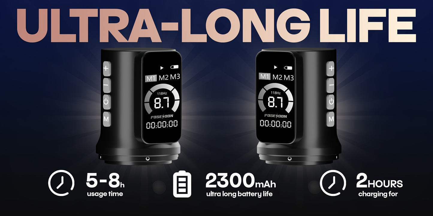 Kit Macchinetta Tatuaggio Rotante Wireless POSEIDON, Penna con Motore Senza Albero e Passo Regolabile da 2.4-4.2Mm, Due Batterie con Schermo Digitale da 2300Mah, Include 10 Aghi per Tatuaggio e Altre Accessori