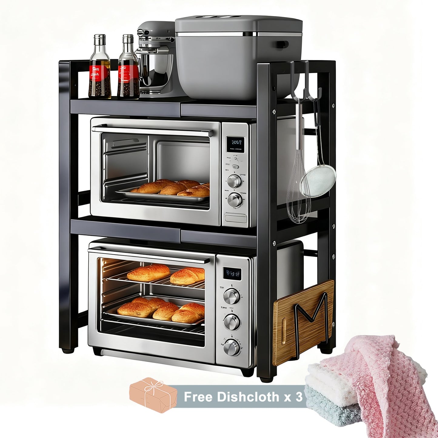 Scaffale Espandibile per Microonde a 2/3 Livelli con 2 Ganci, Porta Tagliere e 3 Asciugamani. Larghezza Regolabile da 40cm a 64cm, Altezza Regolabile. Adatto per Cucine, Studi e Uffici (Nero, Bianco)