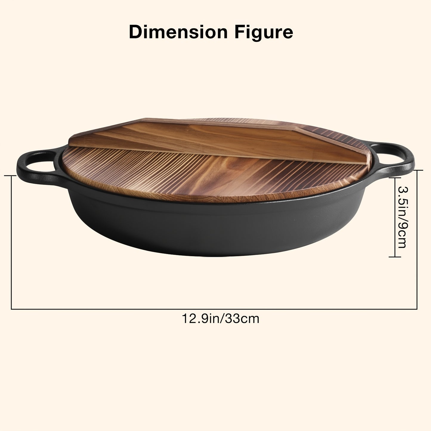 Pentola in ghisa a doppia bocca da 25CM con coperchio in legno, materiale in ghisa di alta qualità, conduzione uniforme del calore, supporta cottura a vapore, friggere, stufare e bollire, adatta per piani cottura a induzione, fornelli in ceramica e fiamme