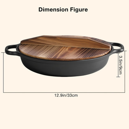 Pentola in ghisa a doppia bocca da 25CM con coperchio in legno, materiale in ghisa di alta qualità, conduzione uniforme del calore, supporta cottura a vapore, friggere, stufare e bollire, adatta per piani cottura a induzione, fornelli in ceramica e fiamme
