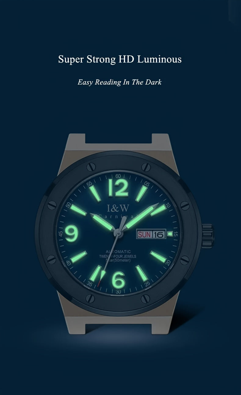 [I&W Carnival] Orologio Sportivo Meccanico da Uomo, Luminoso e Impermeabile con Vetro Finto Zaffiro, Regalo Ideale per le Vacanze