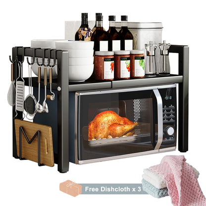Scaffale Estendibile per Microonde a 2 Livelli con 5 Ganci, Porta Taglieri e 3 Asciugamani, Scaffale per Cucina, Scaffale per Microonde e Forno da Piano, Estendibile 40-64 cm (Nero, Bianco)