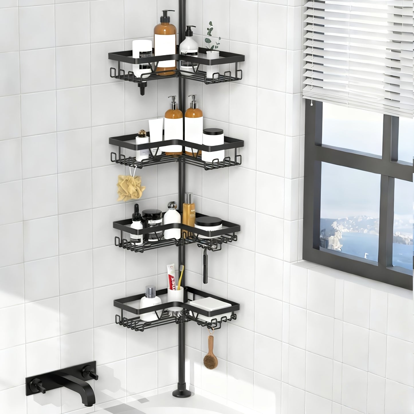 Un robusto e alto ripiano angolare per il bagno, un ripiano angolare regolabile per la doccia che non richiede foratura, dotato di un rack portaoggetti nero a 4 ripiani resistente alla ruggine, ideale per organizzare le aree angolari della doccia - Perfet