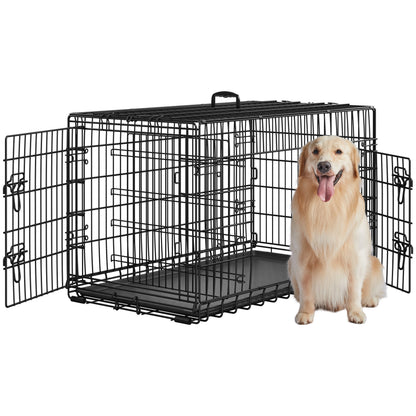 Costoffs Gabbia per Cani con Divisorio Kennel Metallica Pieghevole per Cani e Gatti Con 2 Porte e Vassoio Rimovibile Cuccia Cane da Esterno e da Interno Nero