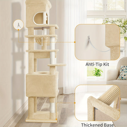 Graffio per Gatti, Albero da 178 cm con Ampia Piattaforma, 2 Rifugi, 7 Pali Graffiatori, Pomponi, Amaca e Postazioni Relax, Adatto a Tutte le Razze di Gatti, Beige
