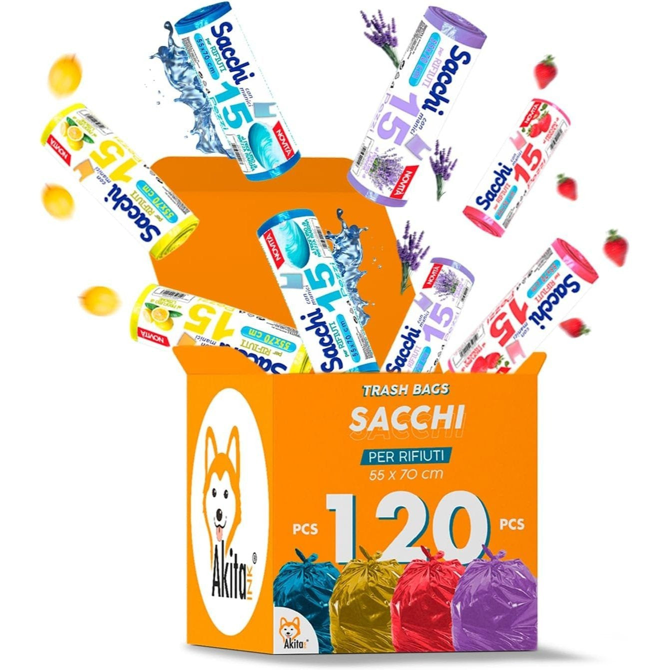 Akitaink Sacchi spazzatura Antiforo con Manici - Profumati - 120 pz da 45L | Misure 55x70cm | Vari Profumi: Brezza Marina, Fragola, Limone e Lavanda Made in Italy