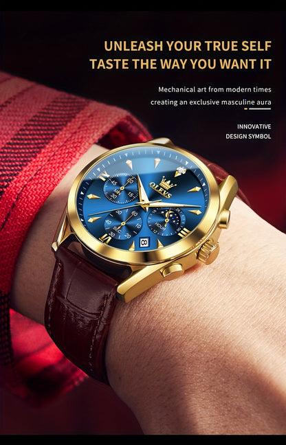 OLEVS Orologio da Uomo Classico Cronografo Cuoio Marrone Cassa Dorata Analogico Quarzo Moda Business Abito Quadrante Grande Orologio da Uomo Giorno Data Luminoso Casual Orologio da Polso Maschile Regali Romantici Relojes De Hombre Quadrante Blu/Nero/Bianc