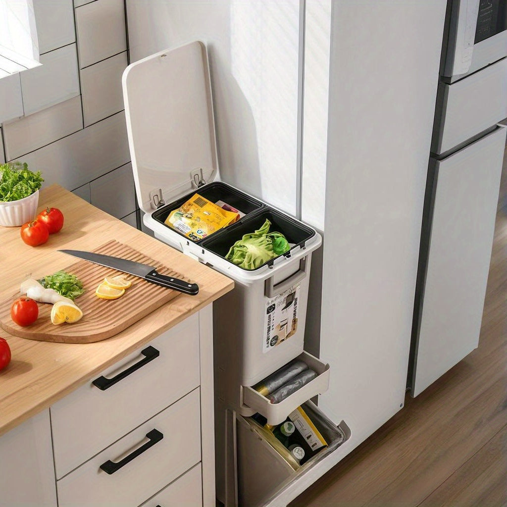 Pattumiera stretta da cucina da 32L con coperchio, raccolta differenziata con divisorio o doppi contenitori interni, a pedale per separazione di rifiuti asciutti e umidi, contenitore per rifiuti in plastica salvaspazio per cucina e bagno