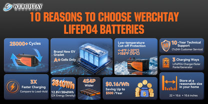 Batteria WERCHTAY 12.8V LiFePO4 300/200/100Ah, Dotata di Celle di Batteria di Grado A+, Oltre 25000 Cicli di Scarica Profonda, Protezione Intelligente BMS da Sovraccarica/Sottocarica, per Accumulo Energetico Domestico, Camper da Esterno, Applicazioni Sola