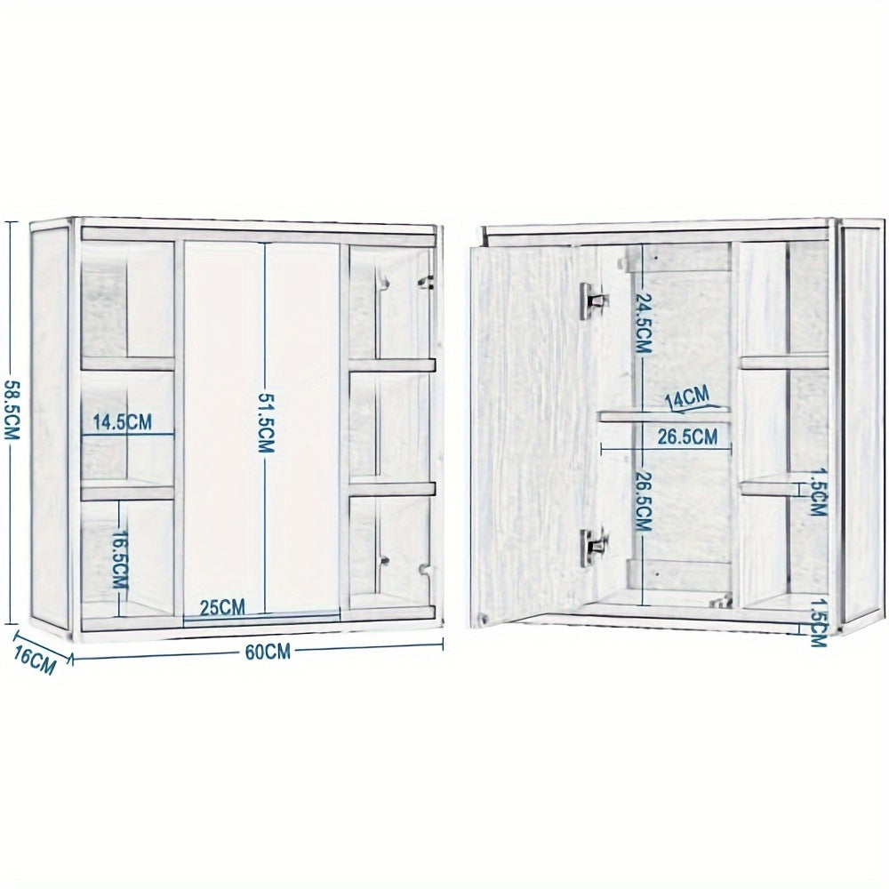 Mobile bagno 1pz.s con specchio, mobile bagno con specchio, mobile con specchio da bagno, mobile sospeso bagno, con ripiani regolabili, realizzato in metallo materiale legno, 60 x 58 x 16 cm
