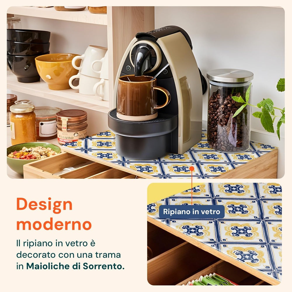 Porta cialde Organizer Bambù per Cialde con Vetro Temperato Organizer Capsule Caffè Cassetto Porta Oggetti Cassetto Minuteria Mobiletto Porta Tè Cassetto Cucito 4 Scomparti Separati