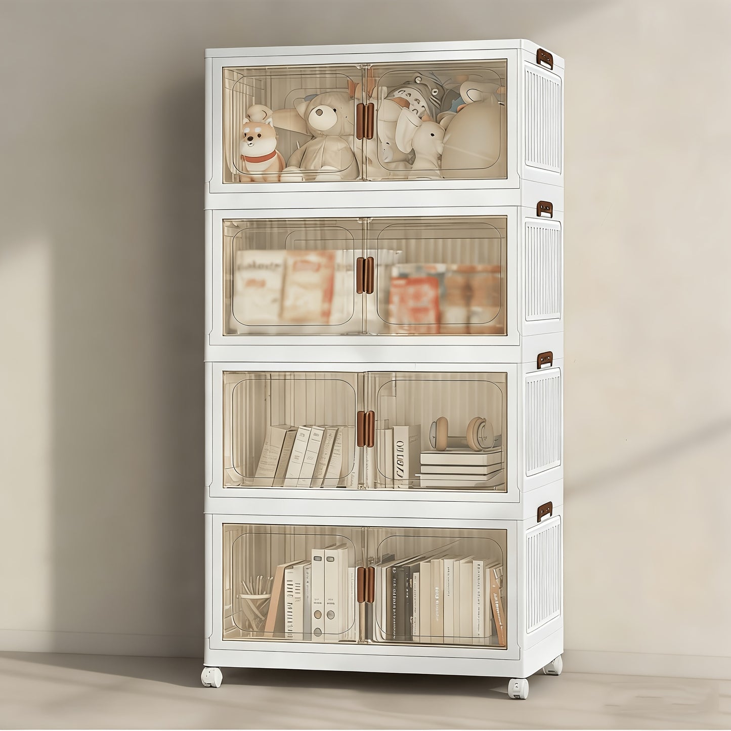Mobiletto pieghevole extra large in plastica resistente da 50 cm con ante - Organizer pieghevole con mobilità a 4 ruote, design a 2/3/4/5 strati, mobile da pavimento salvaspazio con ante anteriori e superiori trasparenti per armadio, camera da letto, cuci