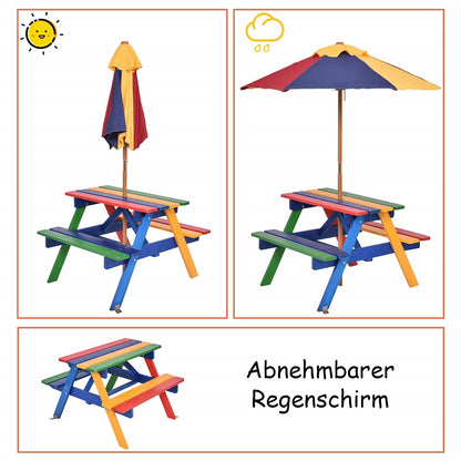 Set di Sedute per Bambini con Parasole, Mobili da Esterno in Legno Massello, Tavolo da Picnic per Bambini, Gruppo di Sedute da Giardino, Arredamento da Esterno per Giardino