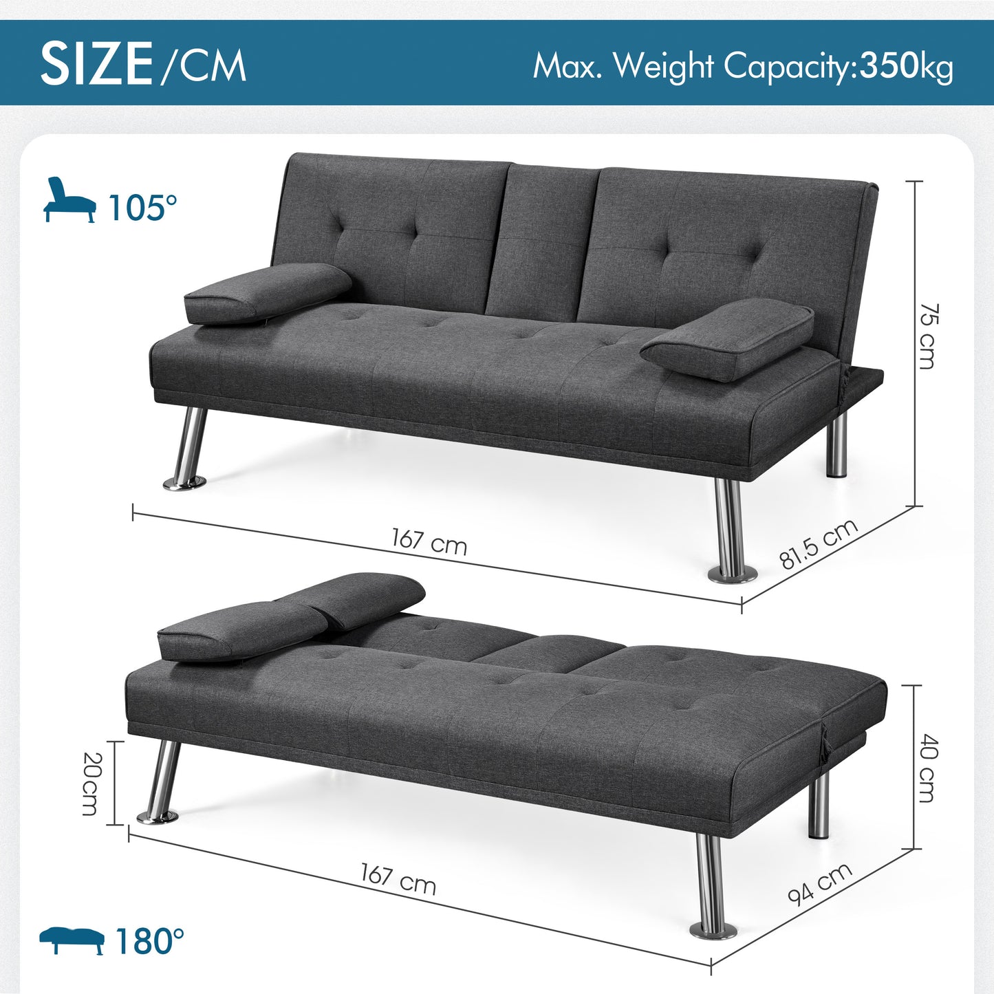 Costoffs Divano Letto a 3 Posti Divano Trasformabile con 2 Braccioli Staccabili Mobile Imbottito con Supporto Centrale Porta Bicchieri Divanetto Reclinabile da Salotto