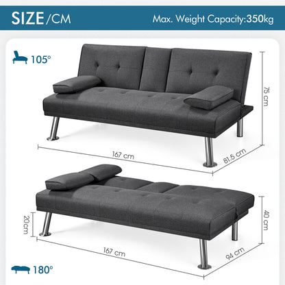 Costoffs Divano Letto a 3 Posti Divano Trasformabile con 2 Braccioli Staccabili Mobile Imbottito con Supporto Centrale Porta Bicchieri Divanetto Reclinabile da Salotto