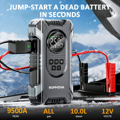Avviatore di Emergenza per Auto con Compressore Aria e Gonfiatore Pneumatici, Booster Batteria 9500A con Power Bank e Torce LED, Box Avviatore Auto 12V per Tutti i Veicoli a Benzina o Diesel da 10.0L con Custodia Portatile, Cavi Smart con 10 Funzioni di P
