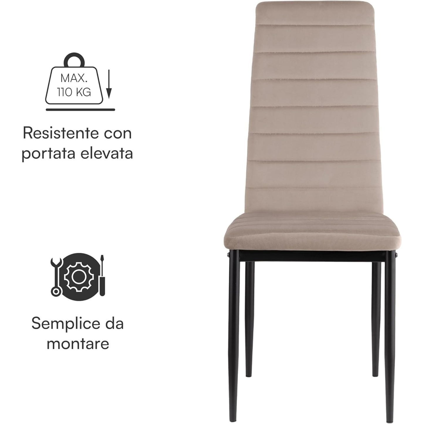 Baroni Home Set di 4 Sedie da Pranzo con Schienale Alto e Seduta Ergonomica con Cuciture Decorative, Sedie Eleganti Imbottite in Ecopelle o velluto con Struttura in Acciaio, 40X48X96 cm