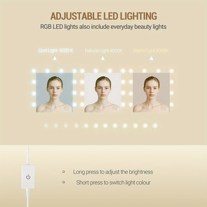Tavolo da trucco con 8 cassetti, grande specchio con illuminazione LED RGB, ripiano portagioie integrato, piano di lavoro largo 120 cm con comodino, bianco