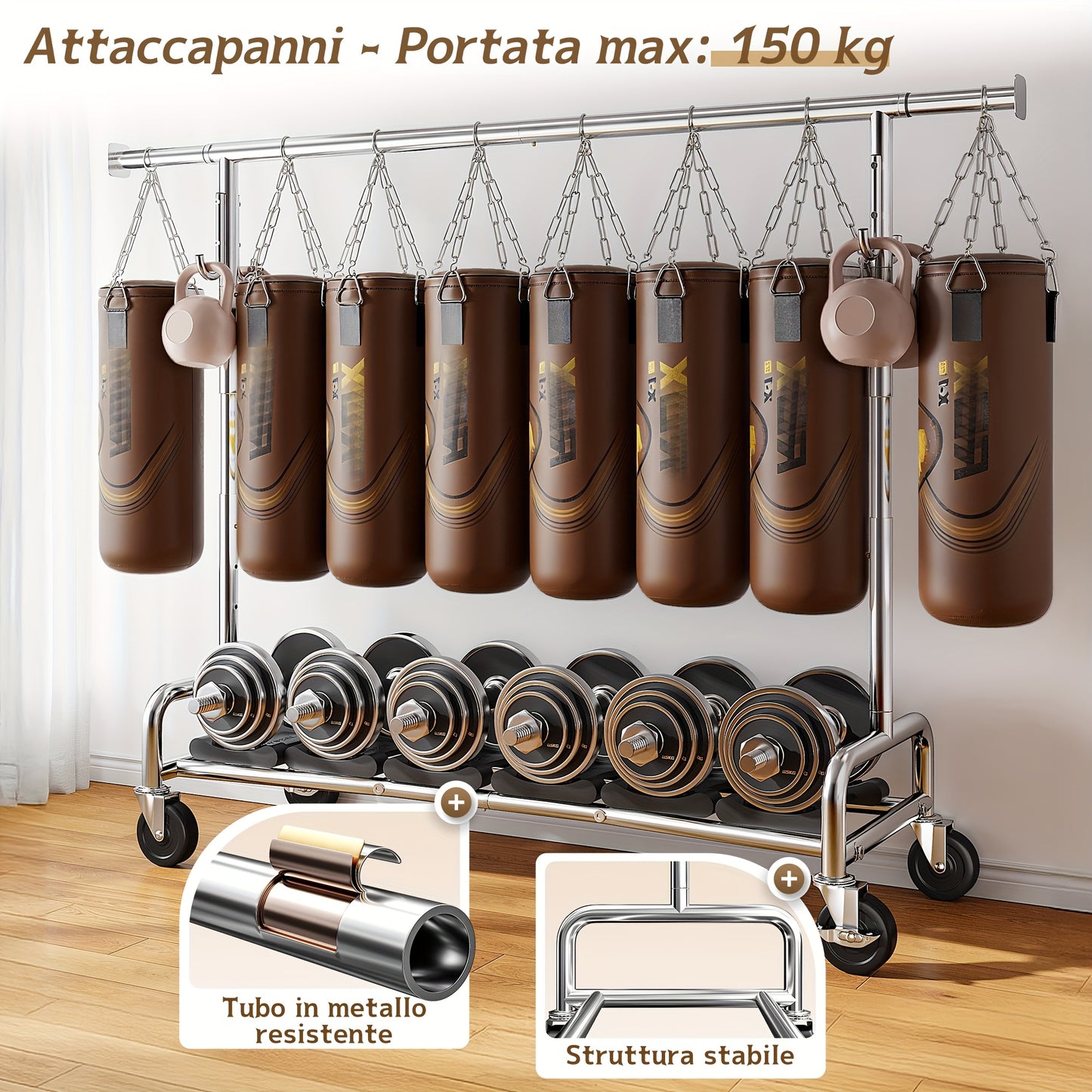 Appendiabiti Robusto Porta 150 Kg, Stoccaggio Indumenti in Metallo, Ruote Bloccabili e Fermapiedi Antiscivolo, Stendibiancheria con Ruote per Camera da Letto e Lavanderia