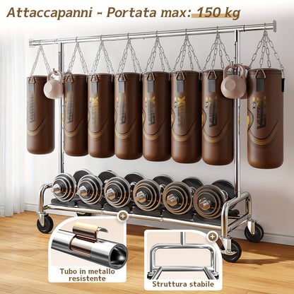 Appendiabiti Robusto Porta 150 Kg, Stoccaggio Indumenti in Metallo, Ruote Bloccabili e Fermapiedi Antiscivolo, Stendibiancheria con Ruote per Camera da Letto e Lavanderia