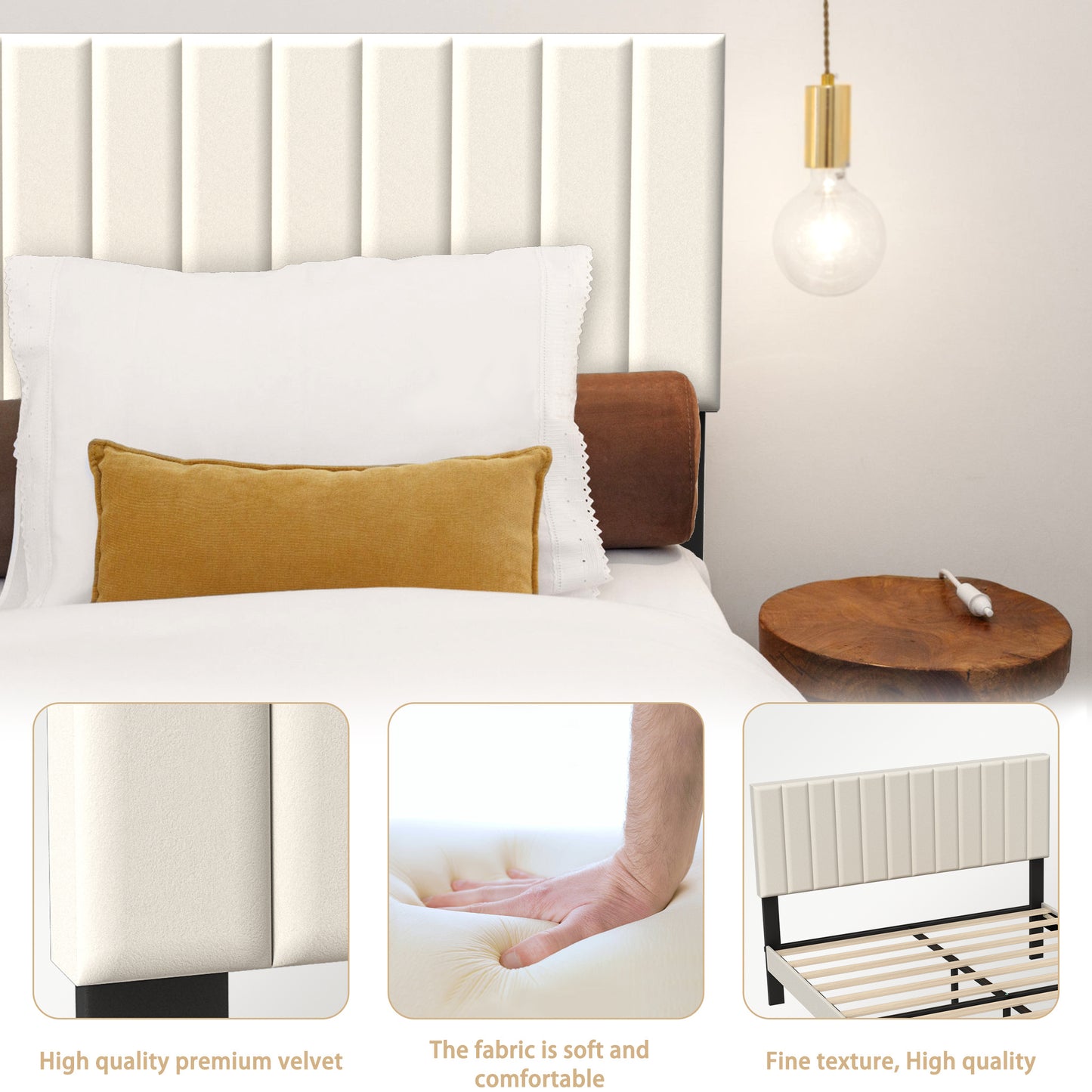 Letto con Bottoni, Letto Imbottito - Struttura a Piattaforma con Testiera in Velluto Imbottito, Supporto a Doghe in Legno, Letto Matrimoniale per Adulti, Design Moderno, Beige, 90/140/160 x 200 cm