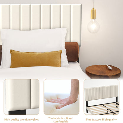 Letto con Bottoni, Letto Imbottito - Struttura a Piattaforma con Testiera in Velluto Imbottito, Supporto a Doghe in Legno, Letto Matrimoniale per Adulti, Design Moderno, Beige, 90/140/160 x 200 cm