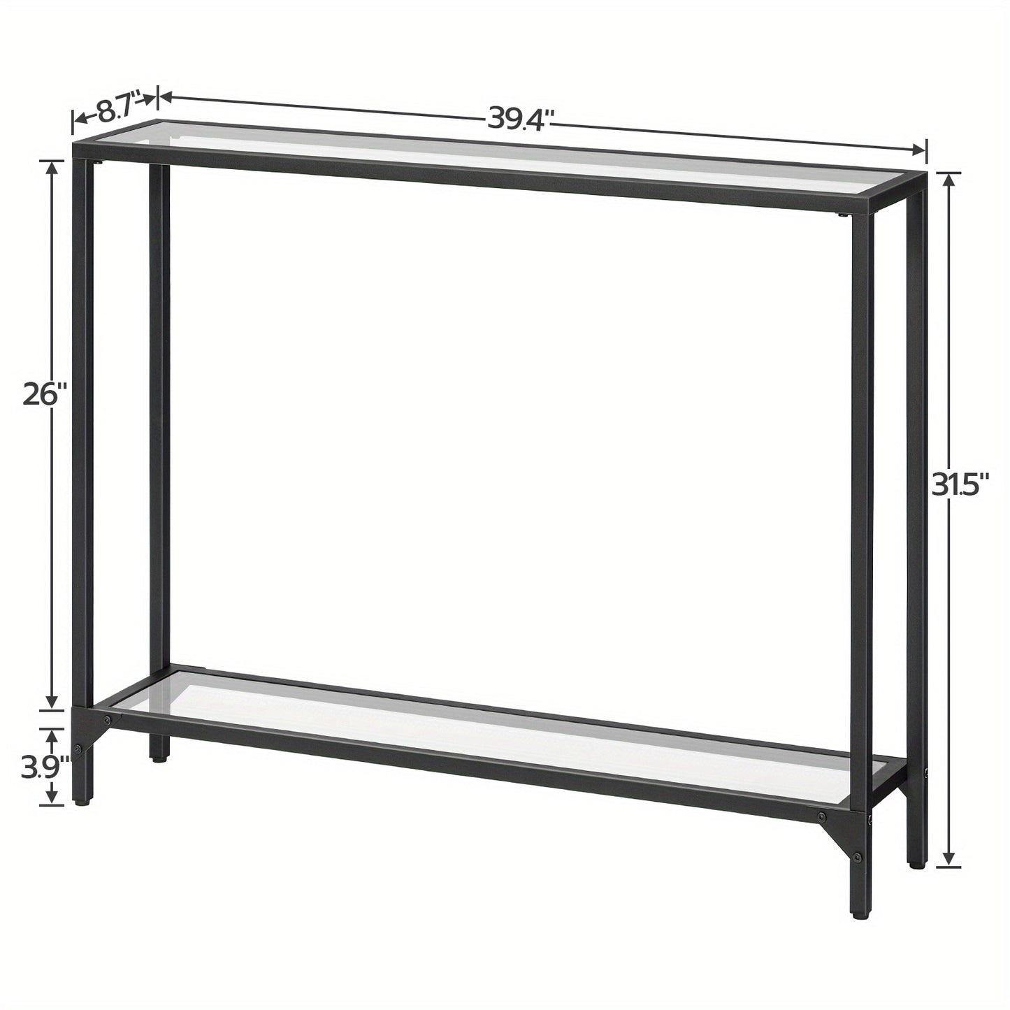 Console da divano con ripiani, tavolino da 100 cm, vetro temperato, tavolino da ingresso, moderna tavolino da divano, tavolino da esposizione, struttura in metallo, per soggiorno, corridoio, nero