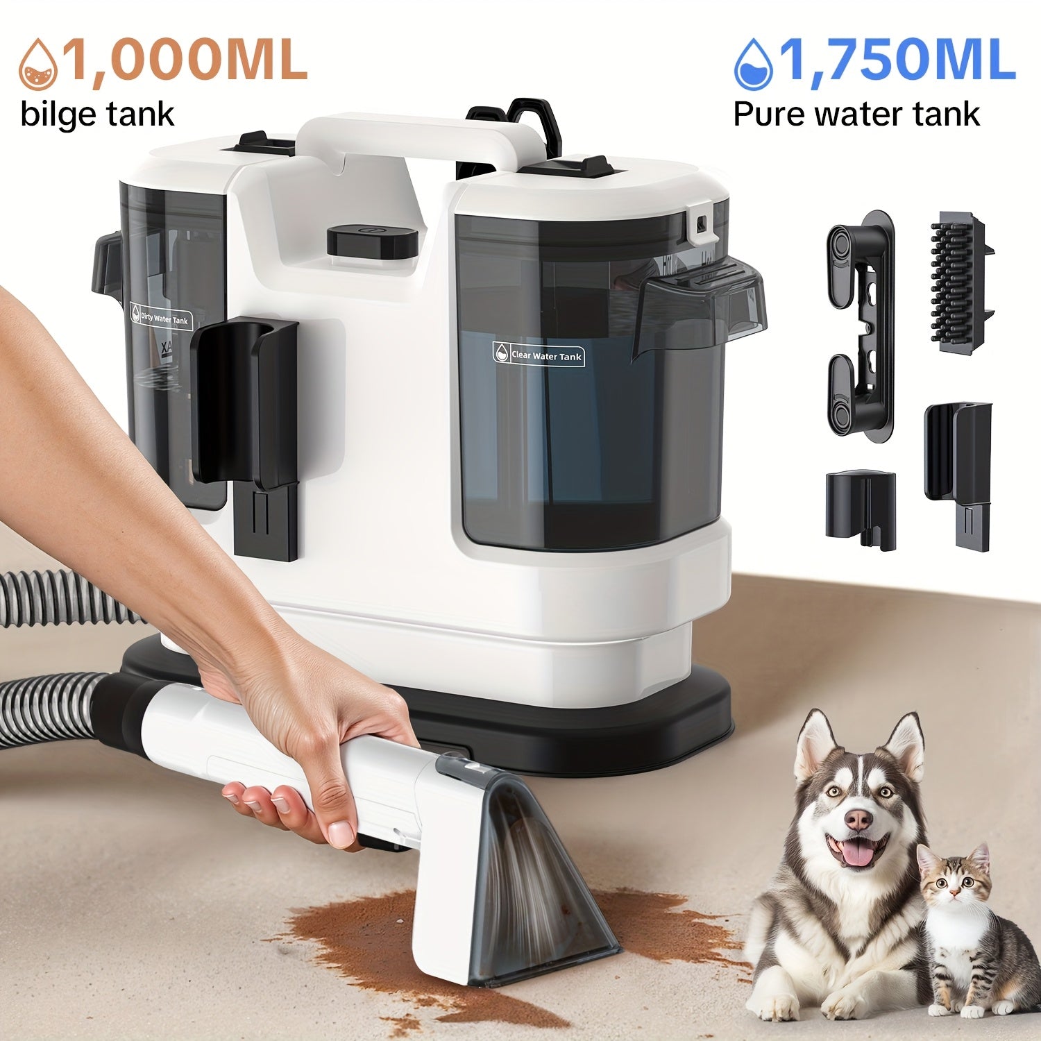 Macchina per la pulizia di macchie di tappeti e rivestimenti portatile multiuso, potente aspirazione da 22500Pa, macchina per la pulizia di tessuti con doppio serbatoio dell'acqua, smacchiatore non chimico per tappeti, animali domestici, sedili auto, diva